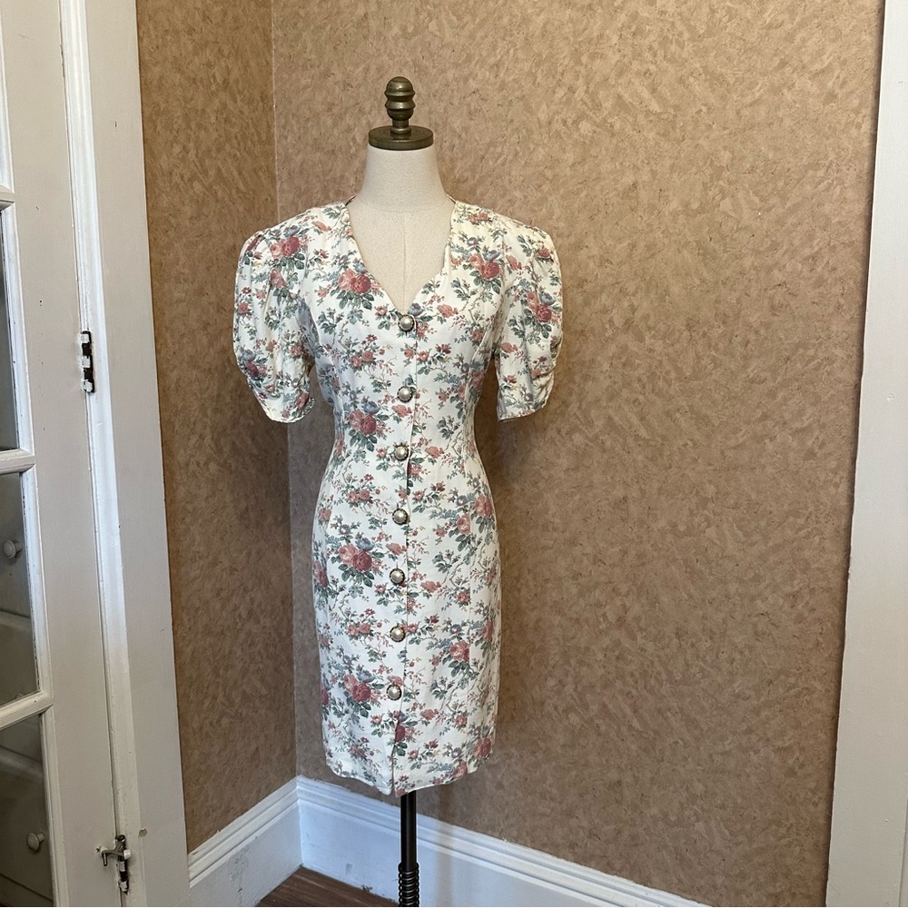 VTG 80s 90s White/Cream Floral Pearl Button Blazer Style Button Front Midi Dress